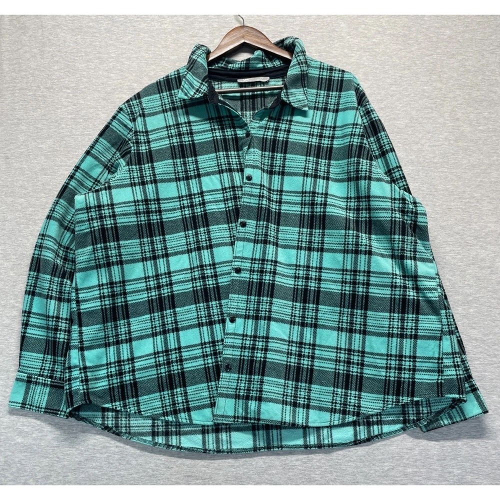 Lee Riders Flannel Shirt Women 3X Bright Teal Buffalo Plaid Curved Hem Button Up